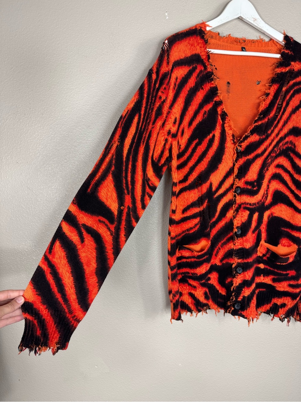 R13 Distressed Raw Edge Button Up Cardigan Sweater Tiger Stripe - Picture 3 of 9